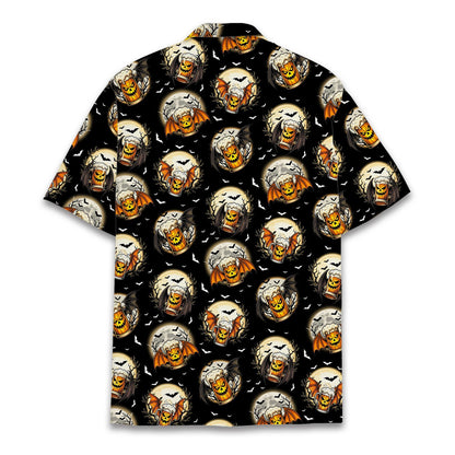Another front view showing the collar and button details of the halloween shirt