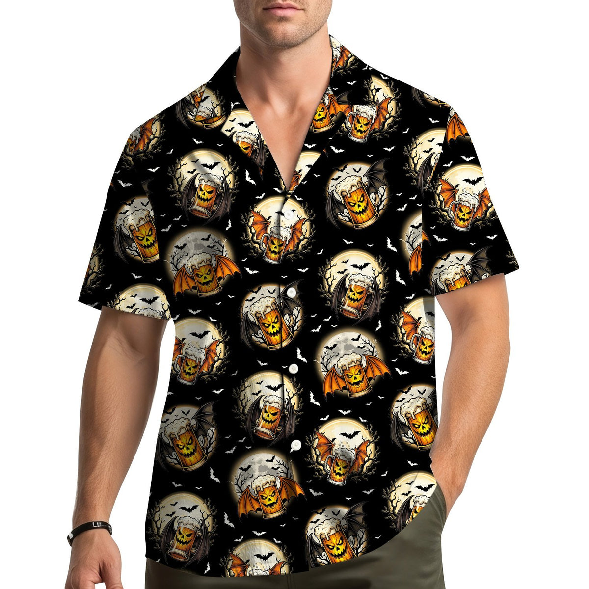 Spooky beer hawaiian shirt with jack-o'-lantern mugs and bats, main view