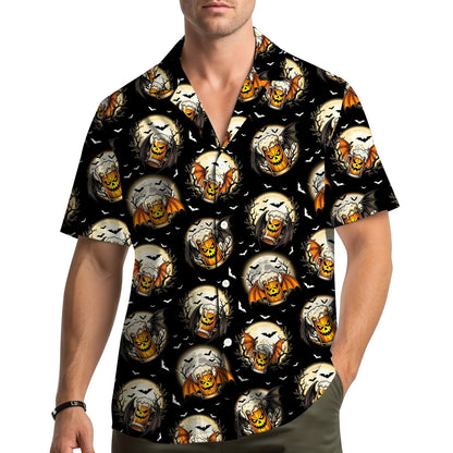 Spooky beer hawaiian shirt with jack-o'-lantern mugs and bats, main view