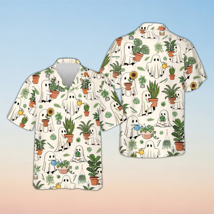 Matching family halloween hawaiian shirt with ghosts and plants, beige background, front view