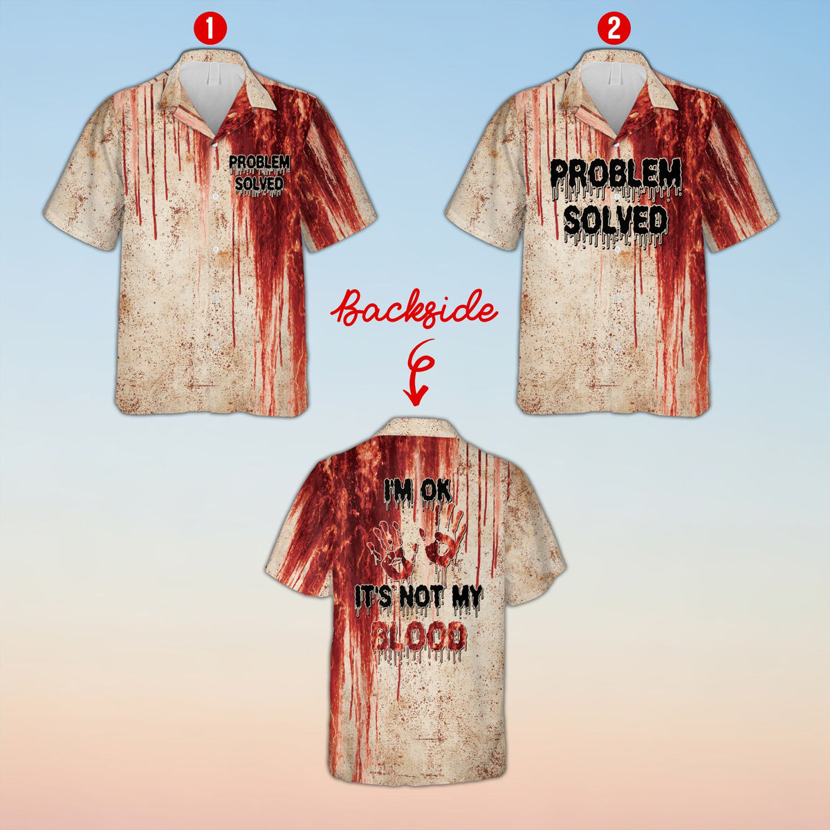 Main view of the Halloween Hawaiian shirt with blood splatter design and Problem Solved text