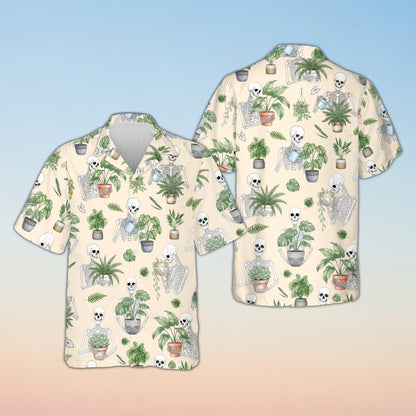 Beige halloween hawaiian shirt front view showcasing skeletons tending plants