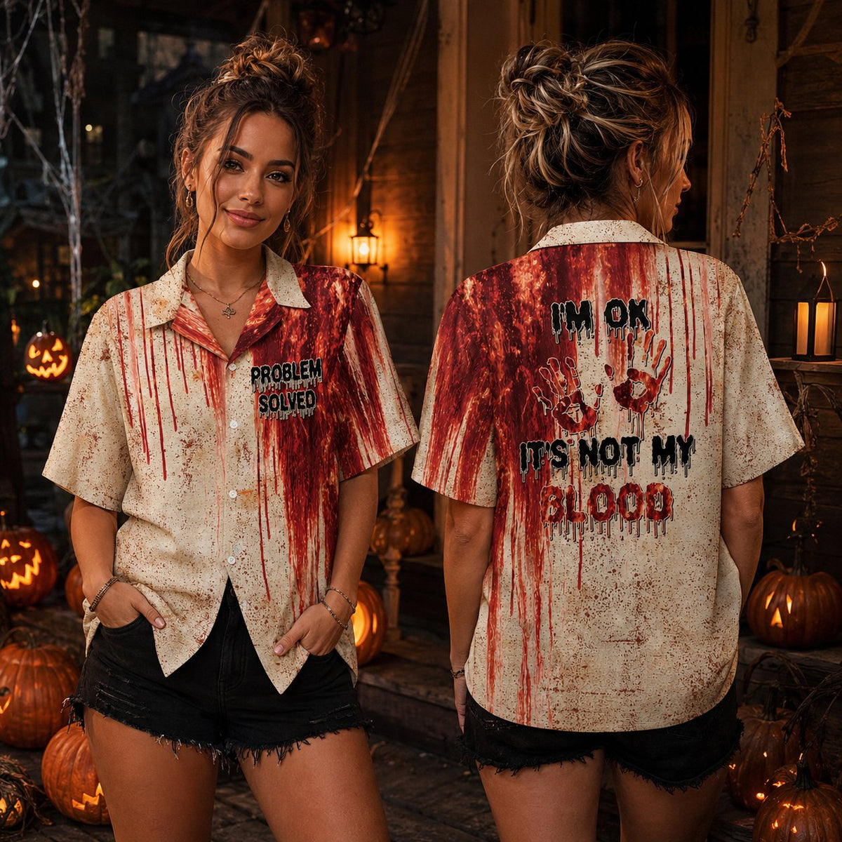 Lifestyle view of a family wearing the blood splatter matching family Hawaiian shirts