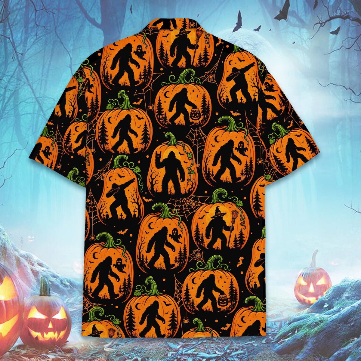 Halloween Bigfoot Hawaiian shirt with black background and orange jack-o'-lanterns, back view flat lay