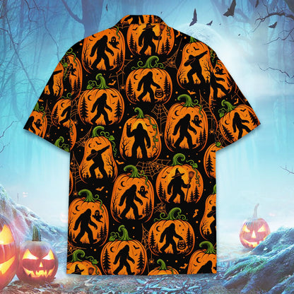 Halloween Bigfoot Hawaiian shirt with black background and orange jack-o'-lanterns, back view flat lay