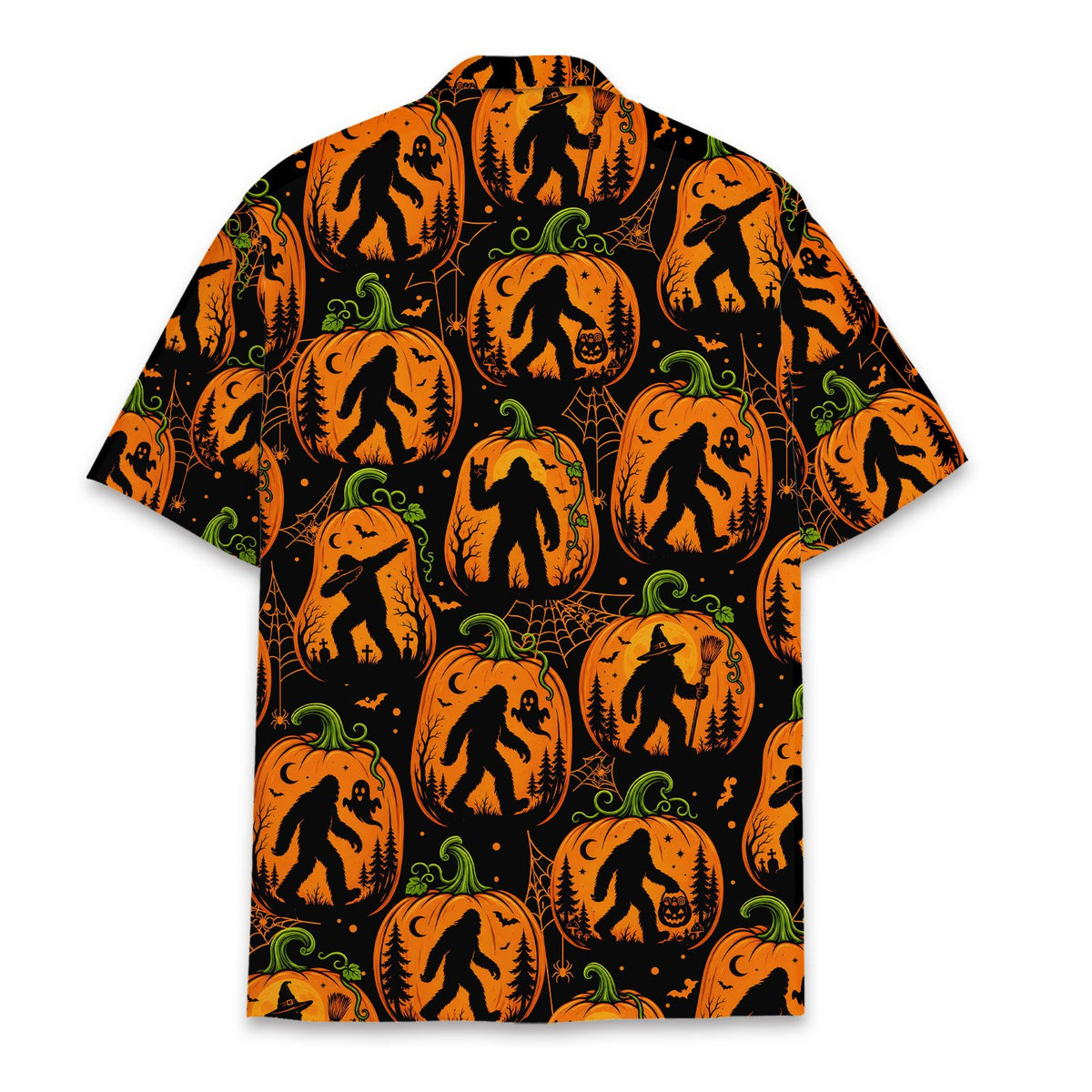 Halloween Bigfoot Hawaiian shirt with black background and orange jack-o'-lanterns, back view