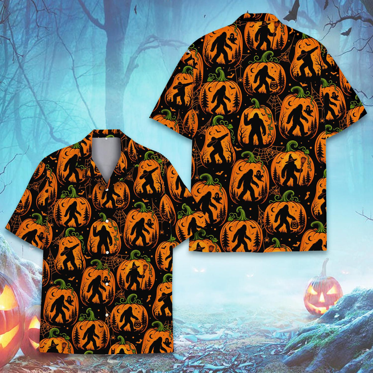 Halloween Bigfoot Hawaiian shirt with black background and orange jack-o'-lanterns, front view flat lay alternate
