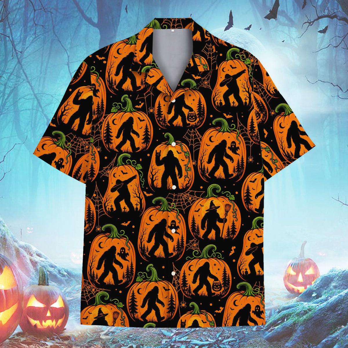 Halloween Bigfoot Hawaiian shirt with black background and orange jack-o'-lanterns, front view