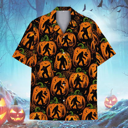 Halloween Bigfoot Hawaiian shirt with black background and orange jack-o'-lanterns, front view