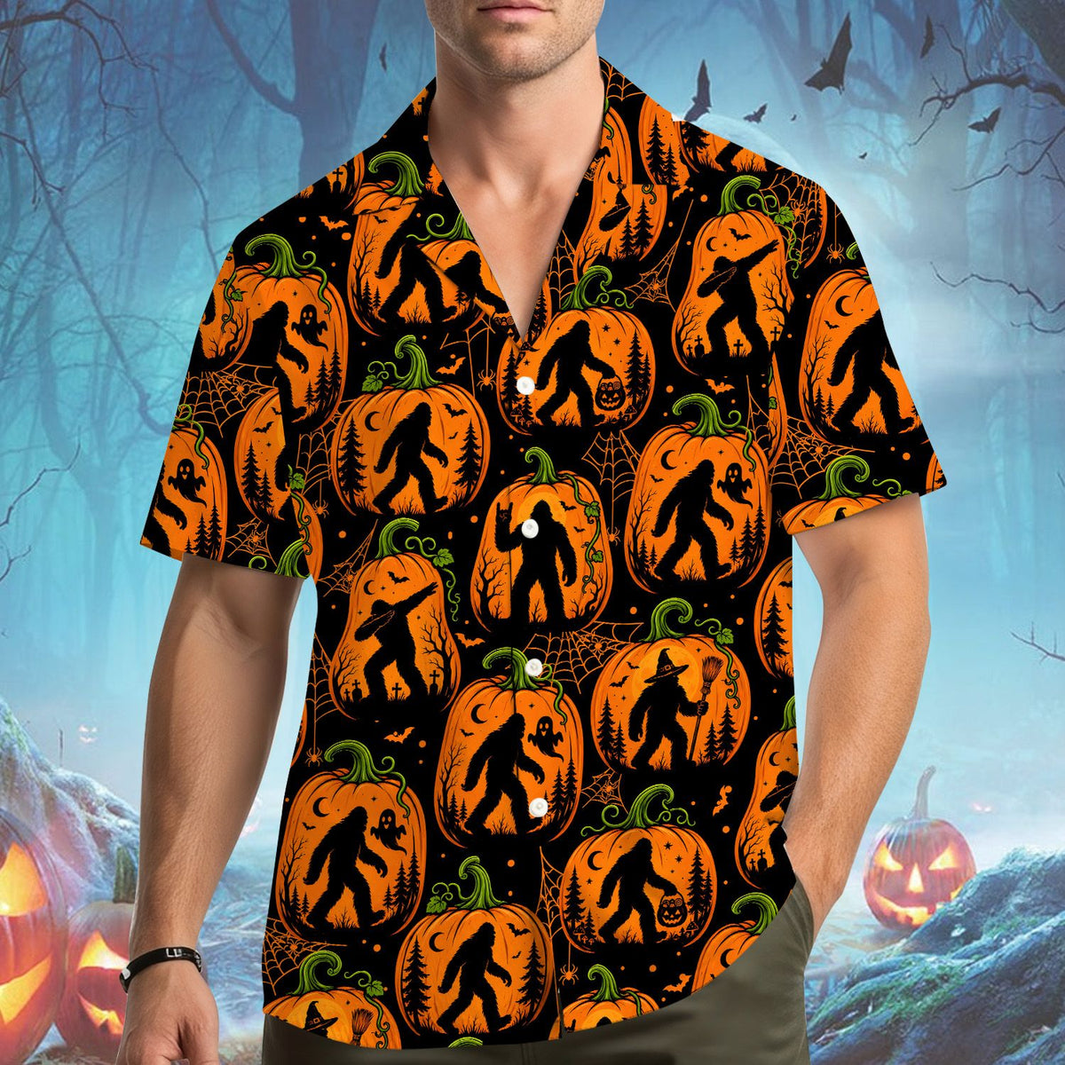 Lifestyle view of a person wearing the Halloween Bigfoot Hawaiian shirt outdoors