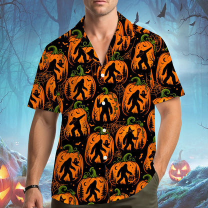 Lifestyle view of a person wearing the Halloween Bigfoot Hawaiian shirt outdoors