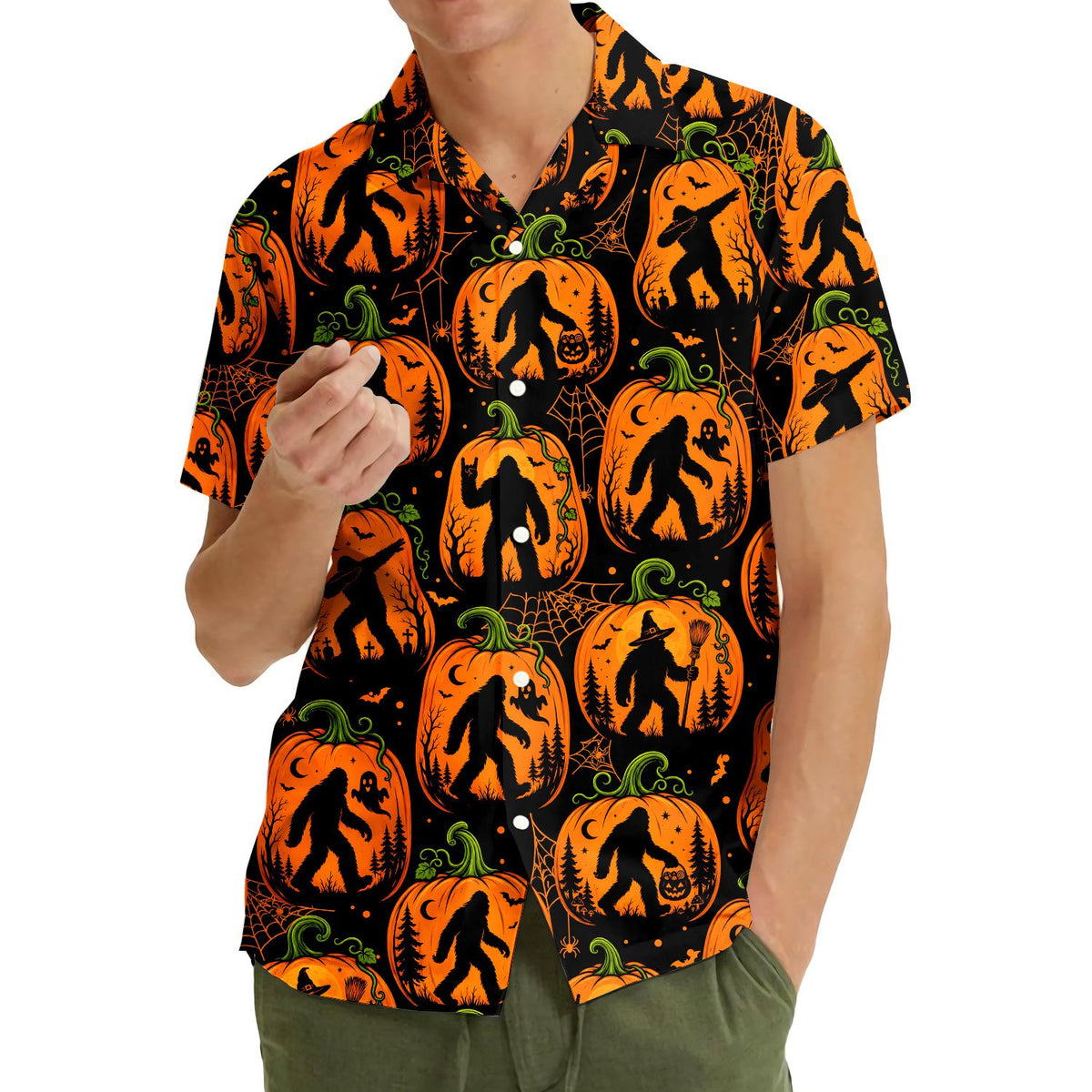 Lifestyle view of someone in the matching family Hawaiian shirt with Halloween design