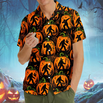 Close up lifestyle view of the Halloween Bigfoot Hawaiian shirt pattern