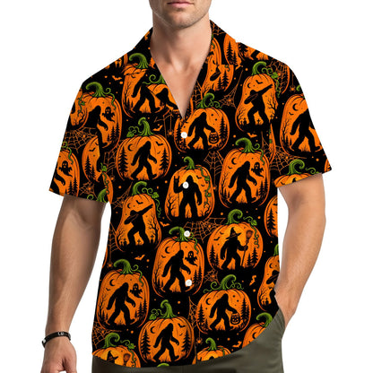Lifestyle view of a person wearing the Halloween Bigfoot Hawaiian shirt
