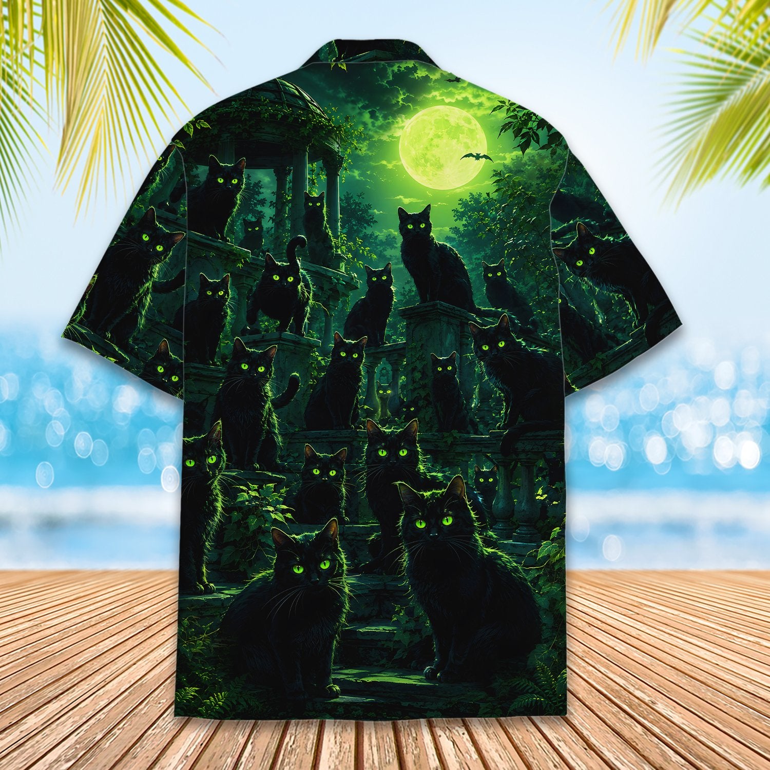 Another back view of the black cats Hawaiian shirt