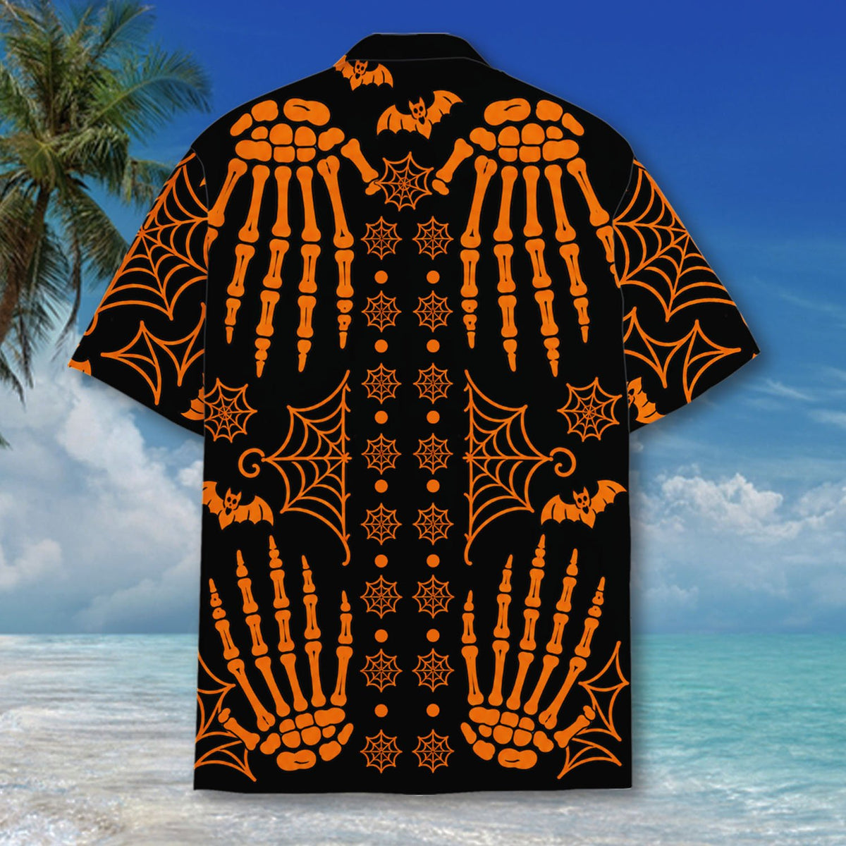 Detailed back view of the holiday hawaiian shirt design