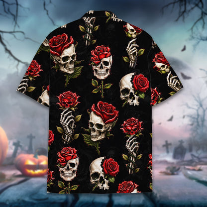 Back view of the skull and red rose print hawaiian shirt