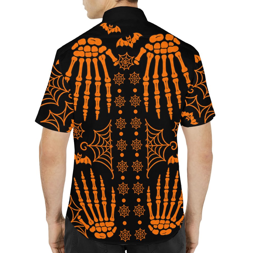 Back view of the Halloween hawaiian shirt showing detailed jack-o'-lanterns and bats