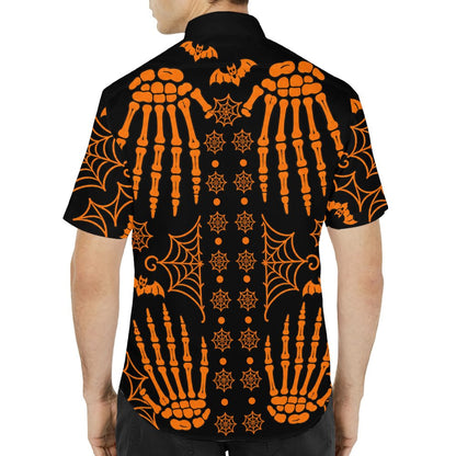 Back view of the Halloween hawaiian shirt showing detailed jack-o'-lanterns and bats