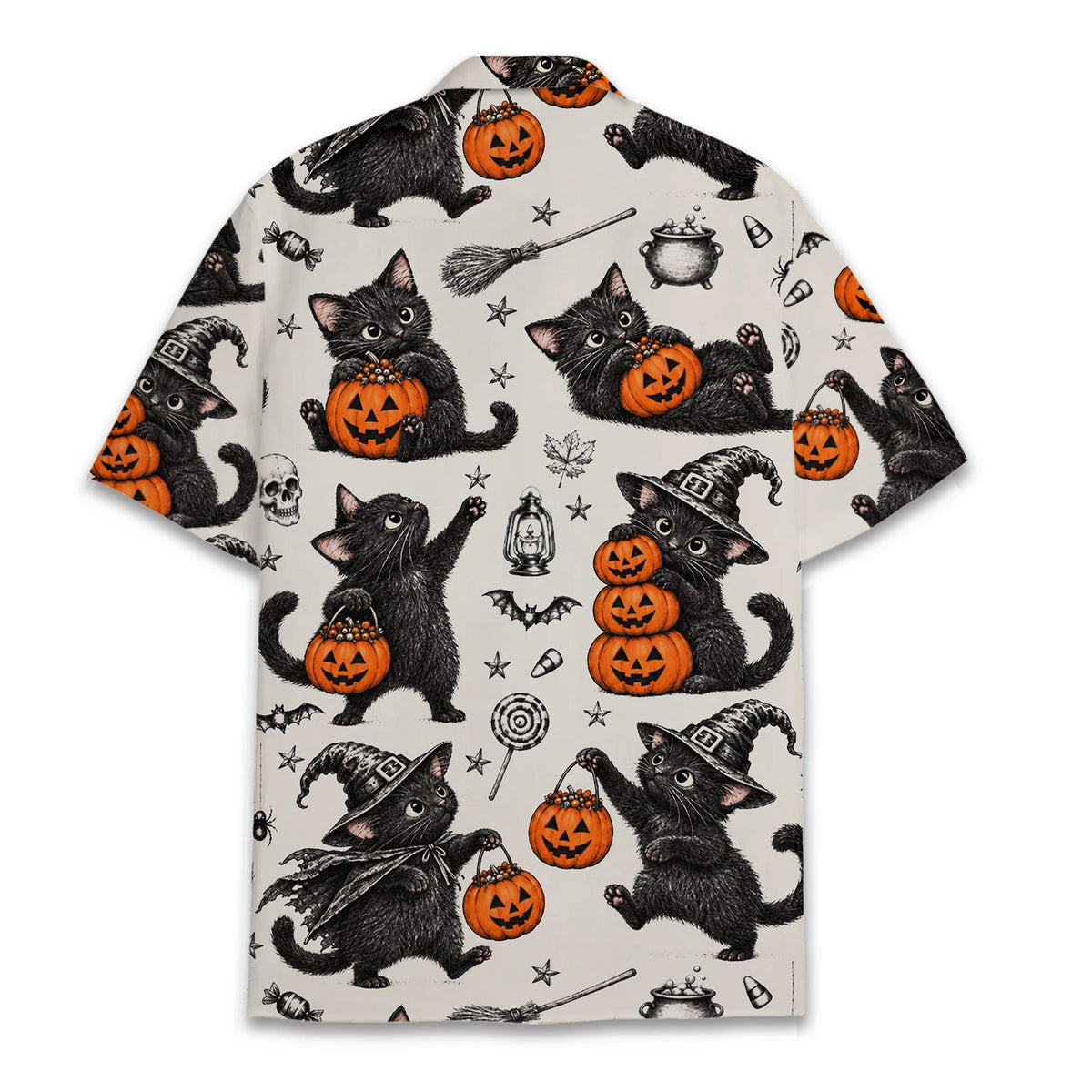 Matching family halloween hawaiian shirt with vintage cats and pumpkins, back view