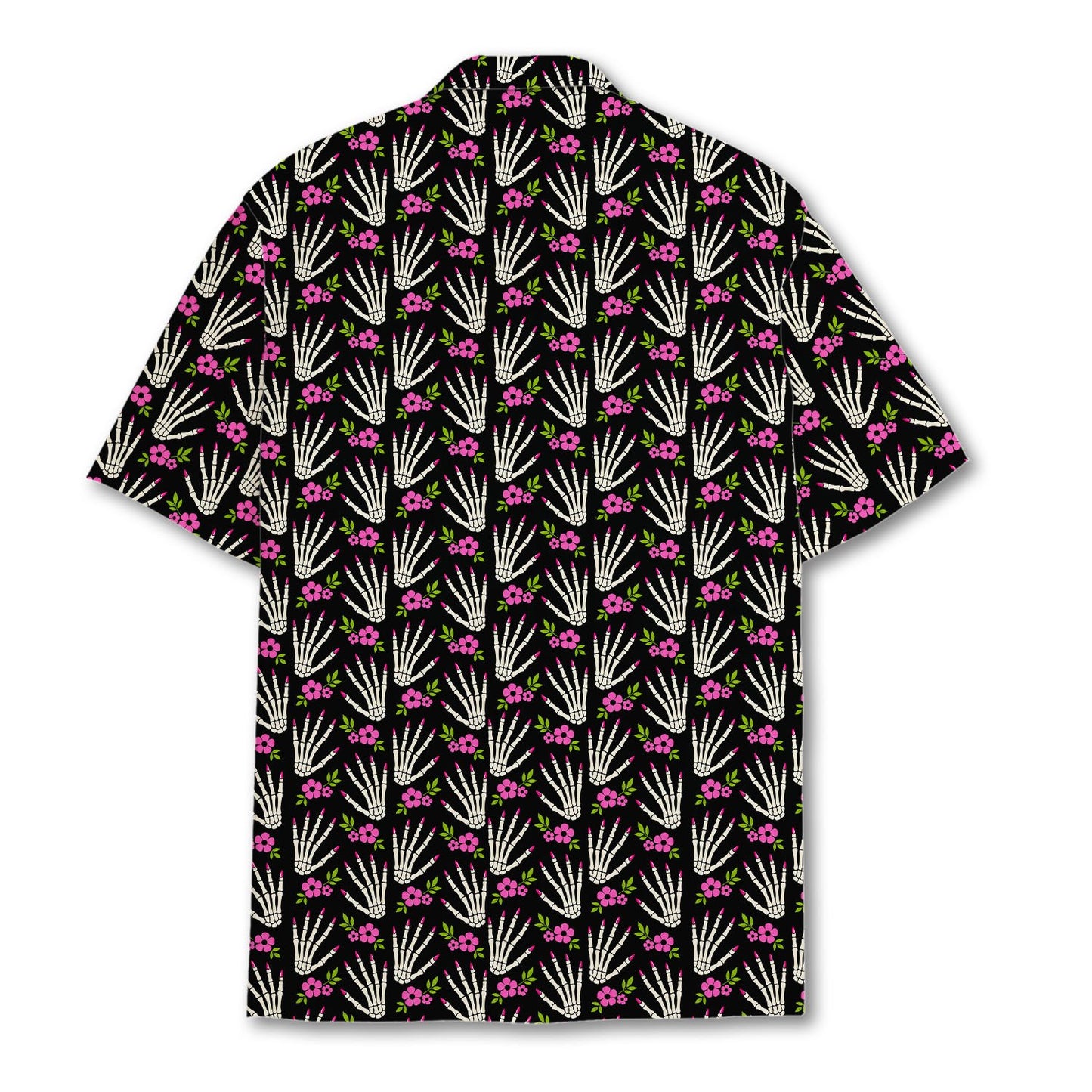 Back view of the black Halloween Hawaiian shirt with skeleton hands and floral print