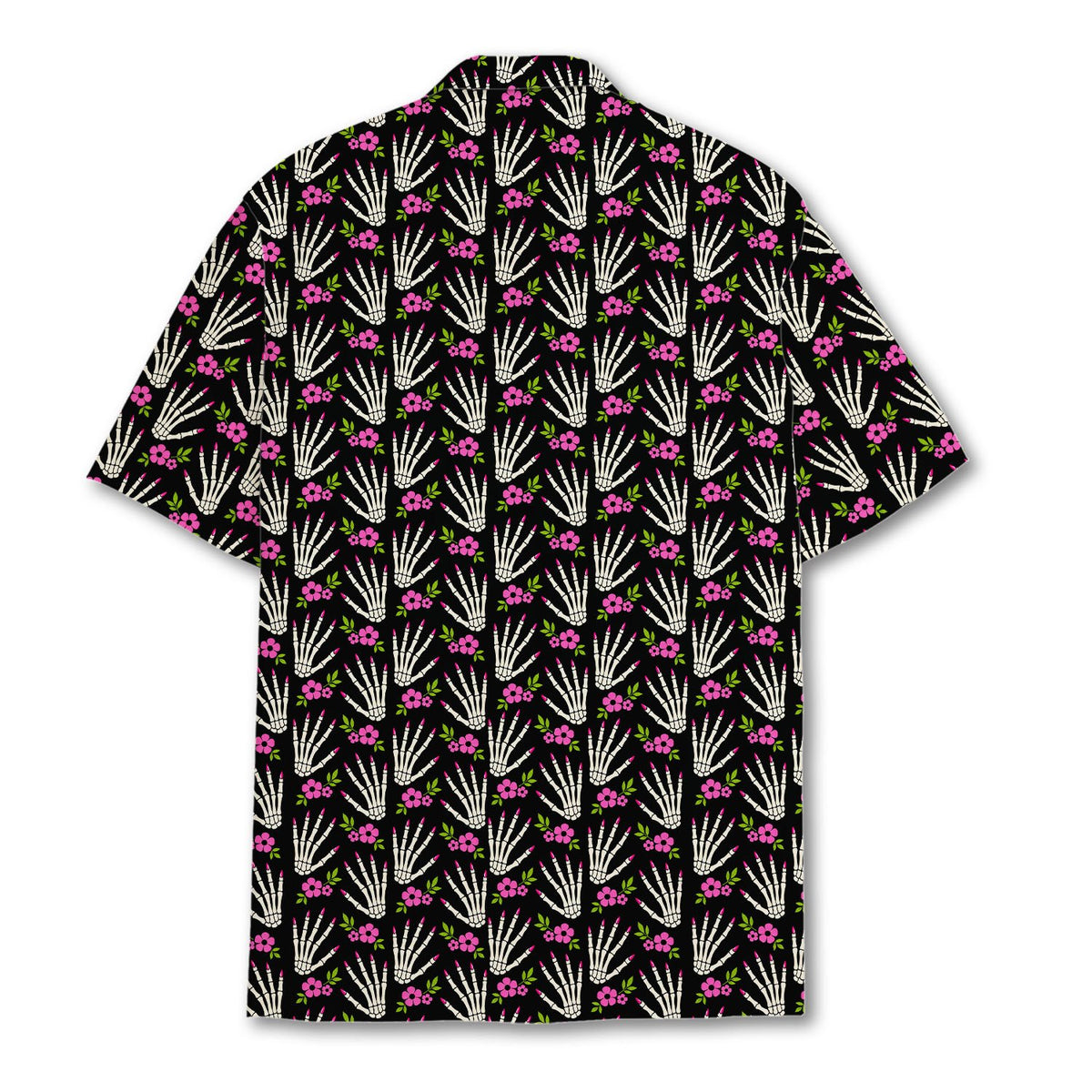 Back view of the black Halloween Hawaiian shirt with skeleton hands and floral print
