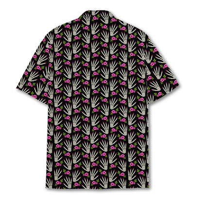 Back view of the black Halloween Hawaiian shirt with skeleton hands and floral print