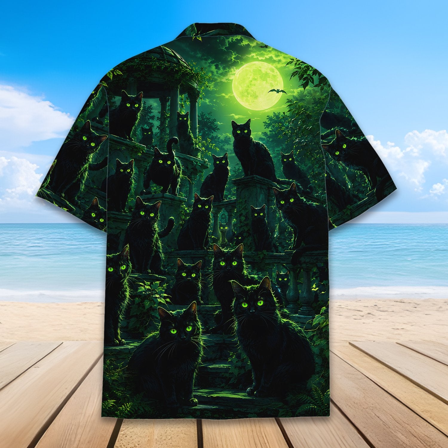Back view of the green Halloween Hawaiian shirt