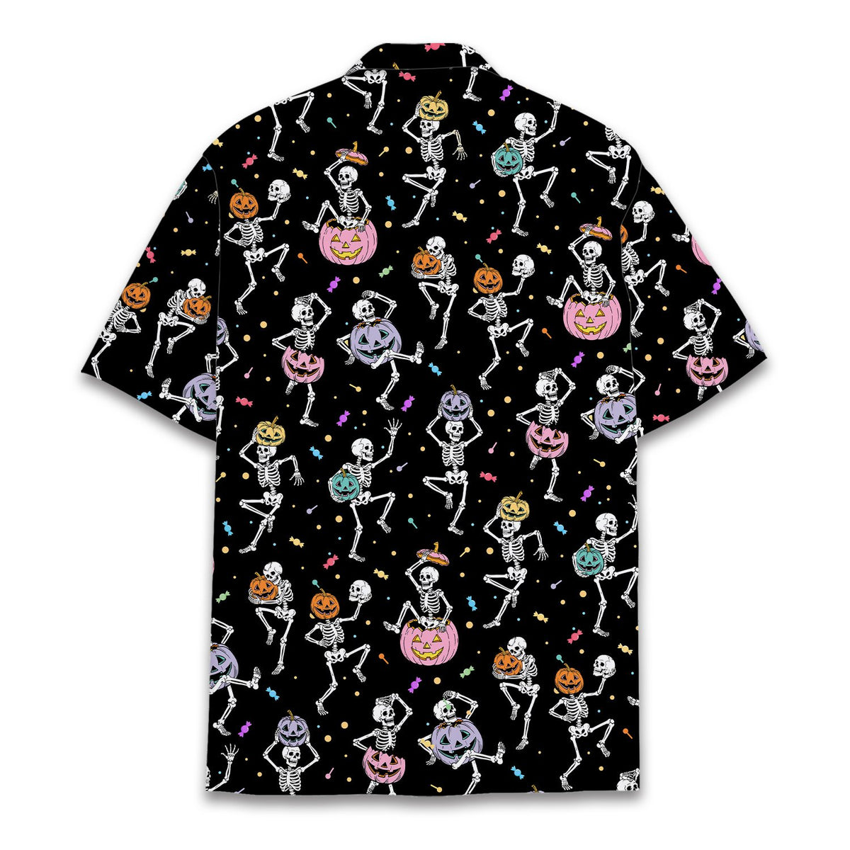 Halloween hawaiian shirt back view showing dancing skeletons