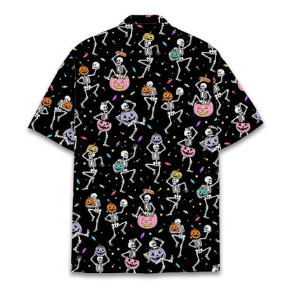 Halloween hawaiian shirt back view showing dancing skeletons