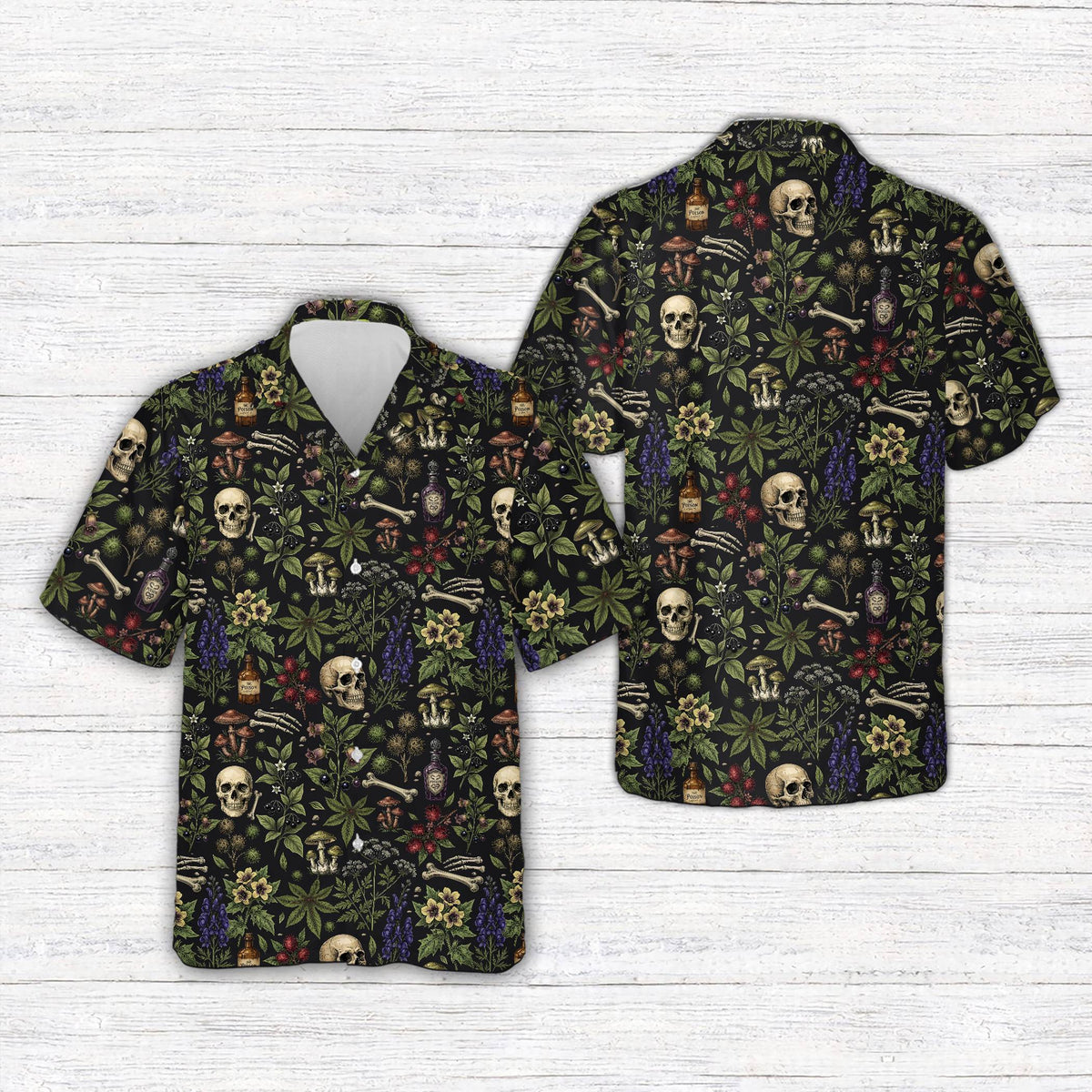 Matching family Halloween Hawaiian shirt in black featuring a spooky botanical print