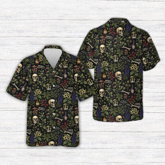 Matching family Halloween Hawaiian shirt in black featuring a spooky botanical print