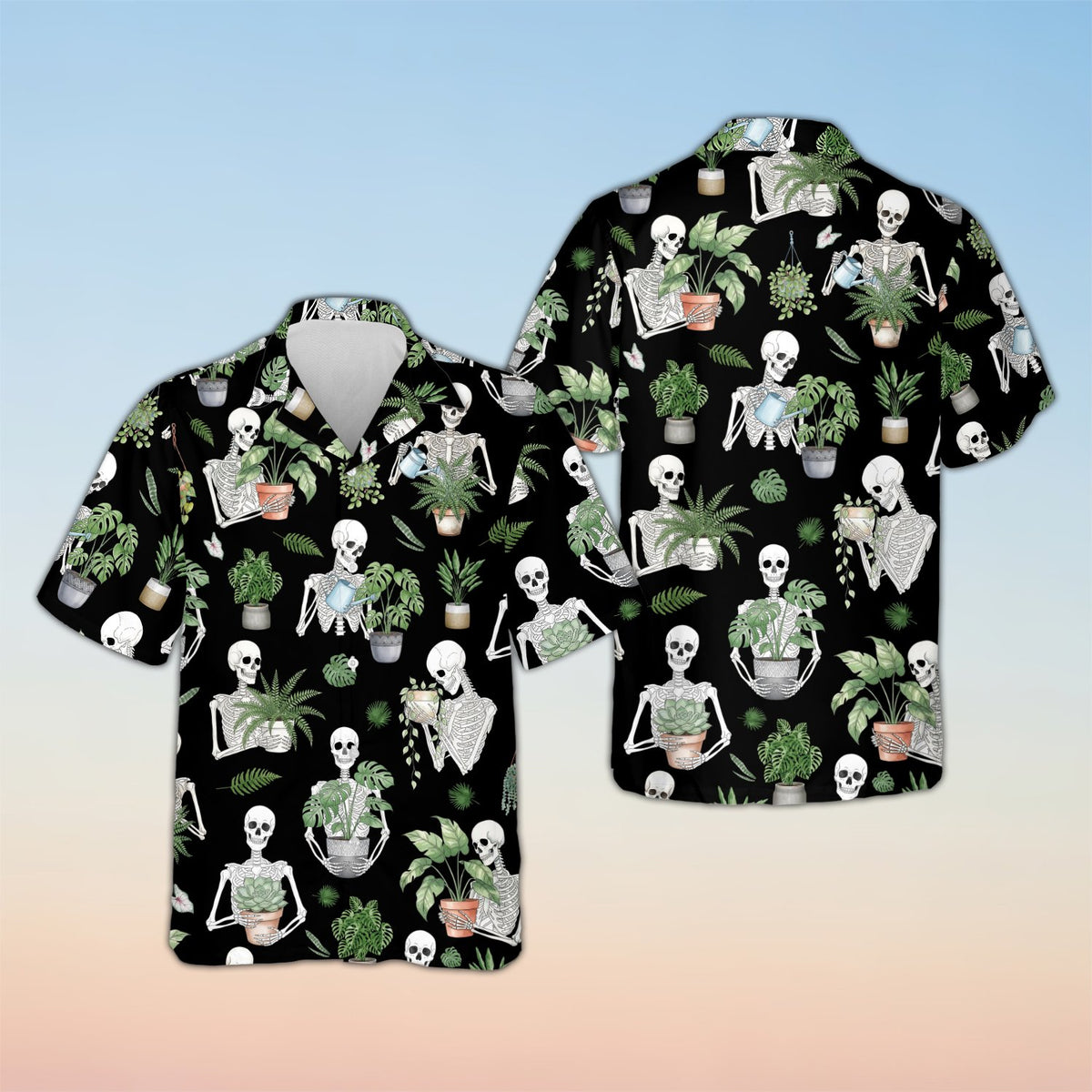 Matching family halloween hawaiian shirt featuring a skeleton and houseplant design on black background, front view