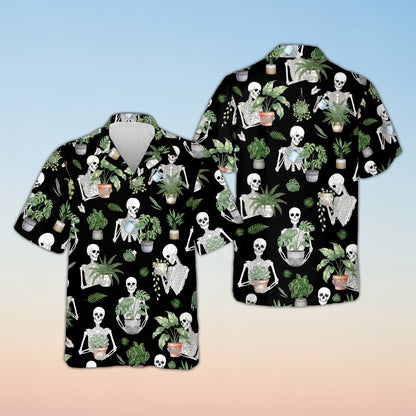 Matching family halloween hawaiian shirt featuring a skeleton and houseplant design on black background, front view