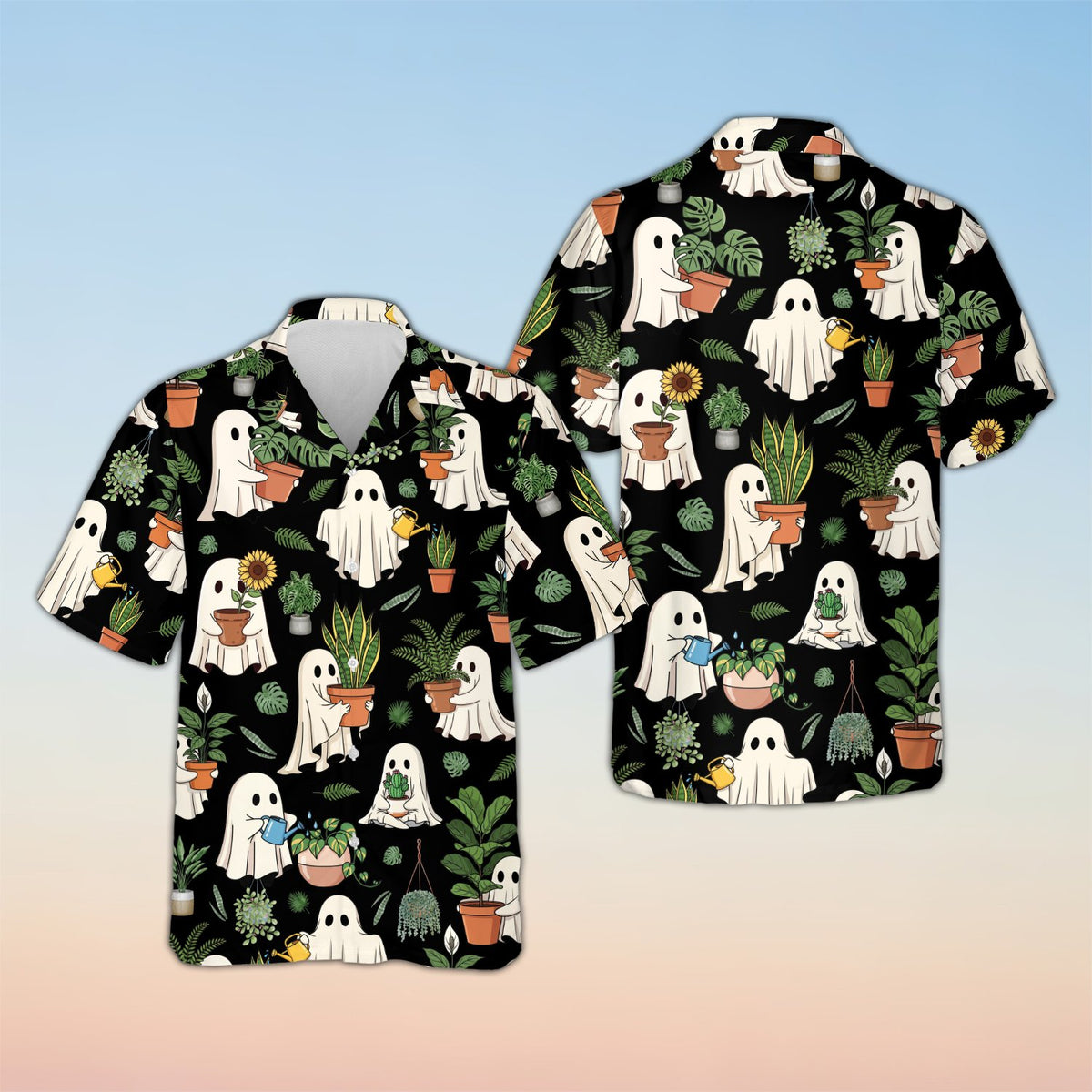 Matching family halloween hawaiian shirt with ghosts and plants on black background, front view