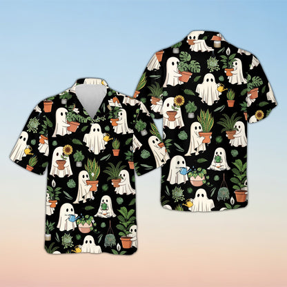 Matching family halloween hawaiian shirt with ghosts and plants on black background, front view