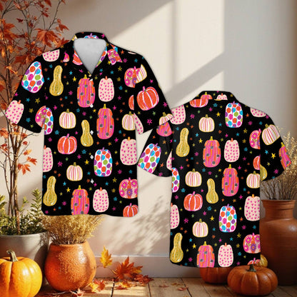 Black matching family hawaiian shirts with colorful Halloween pumpkins design, main view