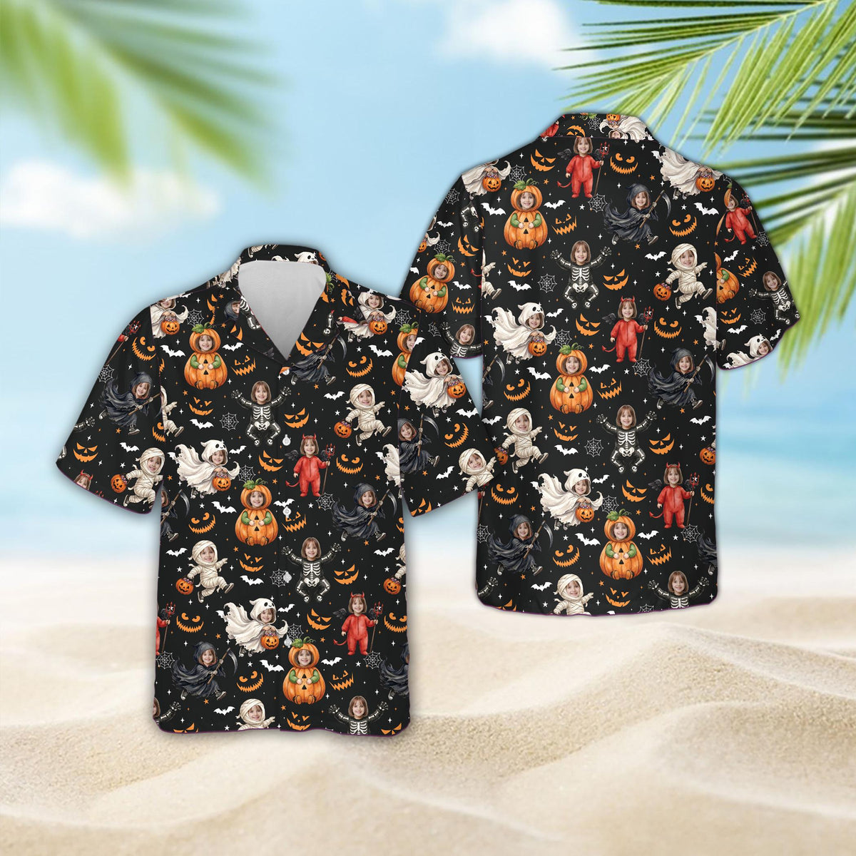 Black custom hawaiian shirt featuring a Halloween character pattern, main view