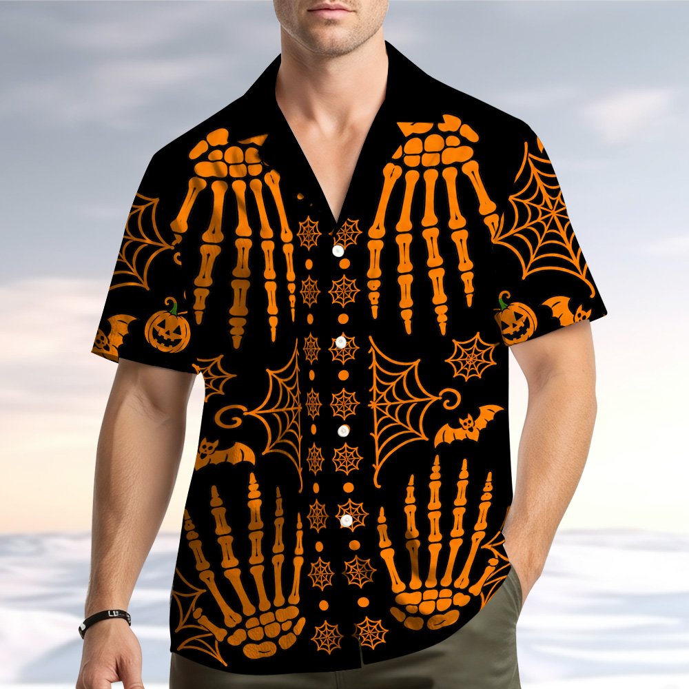 Another front view of the Halloween themed button down shirt