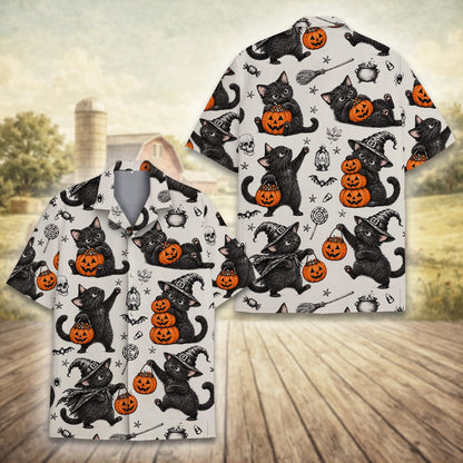 Matching family halloween hawaiian shirt with vintage cats and pumpkins, front view 2