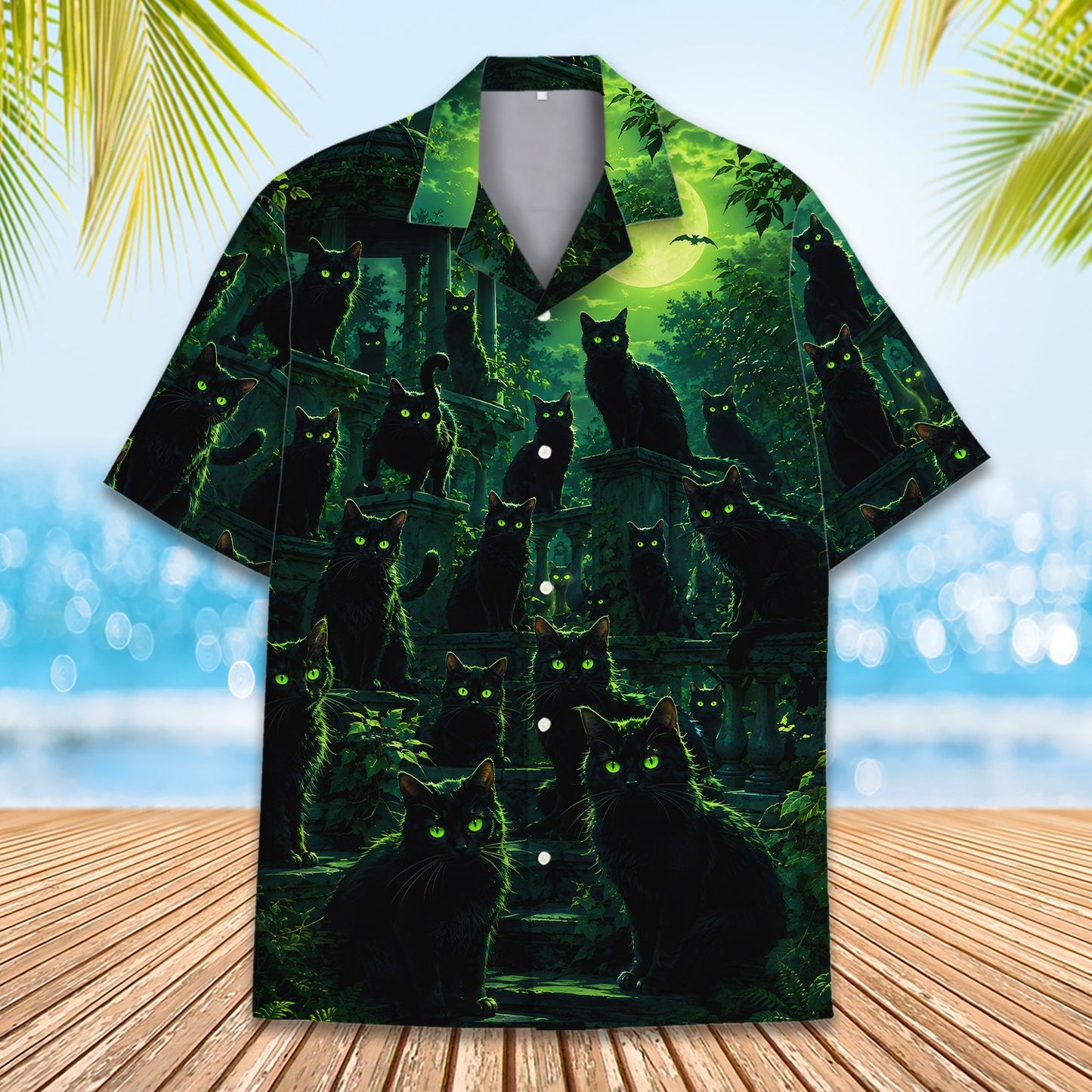 Front detail of the black cats and green moon Hawaiian shirt
