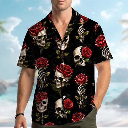 Close up front view of the floral halloween hawaiian shirt