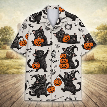 Matching family halloween hawaiian shirt with vintage cats and pumpkins, front view 3