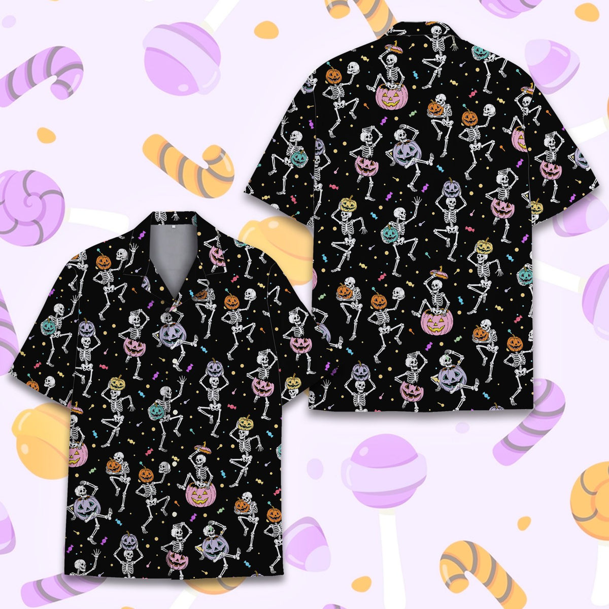 Black Halloween hawaiian shirt front angle view