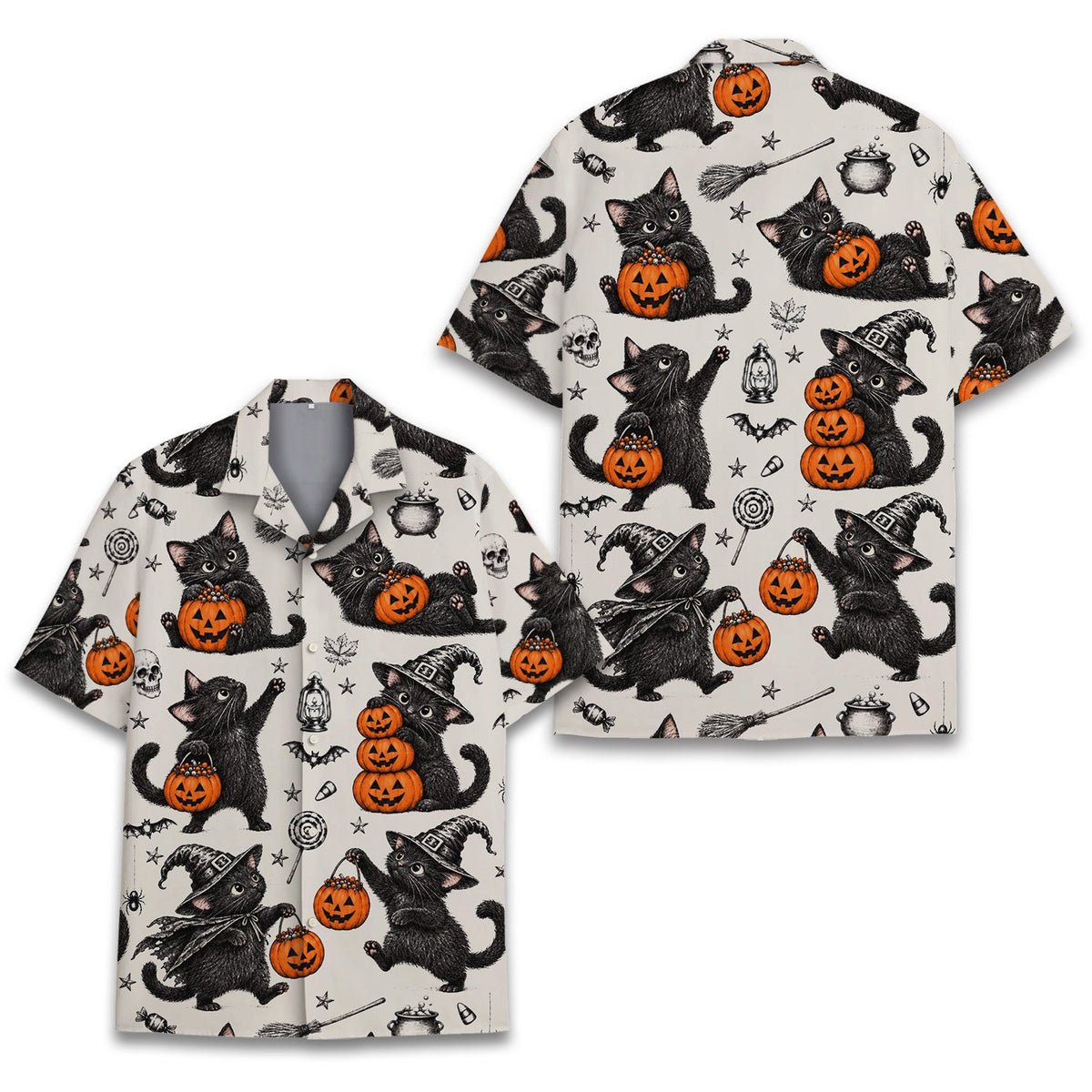 Matching family halloween hawaiian shirt with vintage cats and pumpkins, front view 4