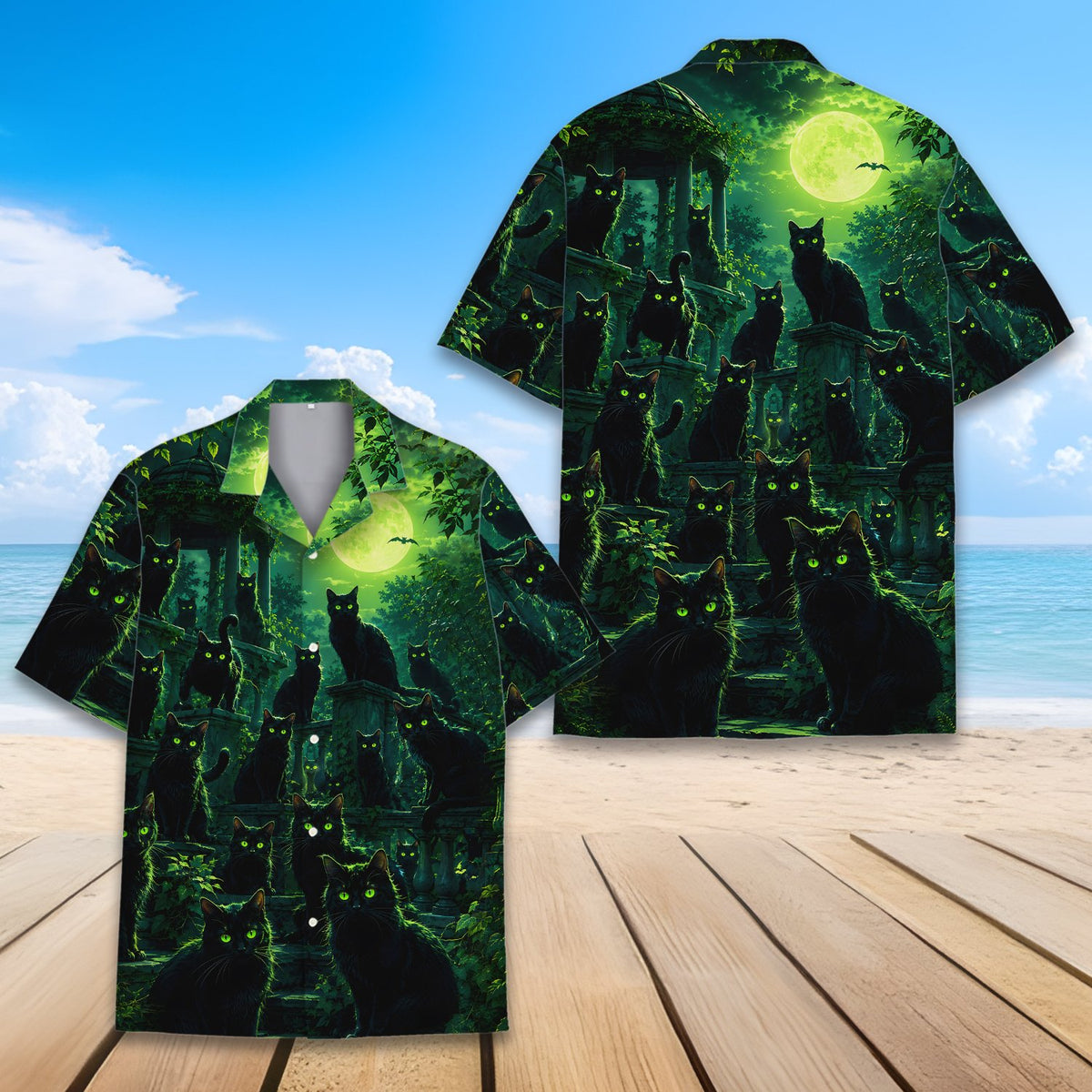 Front perspective of the green Halloween Hawaiian shirt
