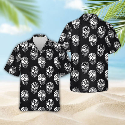 Black skull pattern matching hawaiian shirt, front view