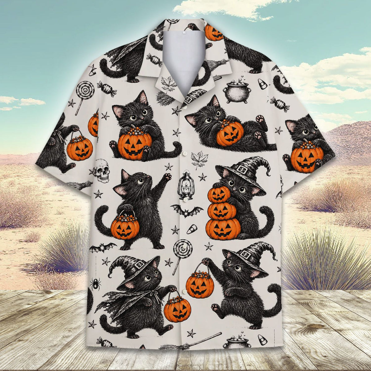Matching family halloween hawaiian shirt with vintage cats and pumpkins, front view 5