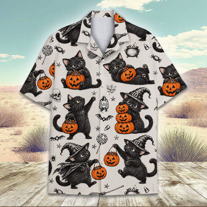 Matching family halloween hawaiian shirt with vintage cats and pumpkins, front view 5