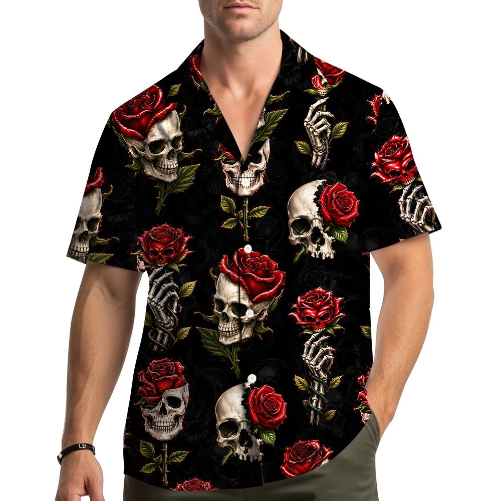 Black halloween hawaiian shirt with vibrant floral details, third main view